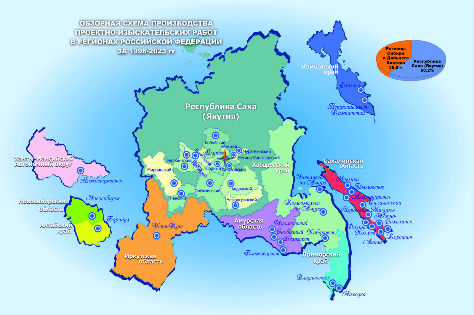 Обзорная схема производства проектно-изыскательских работ в регионах РФ за 1998-2023 гг.